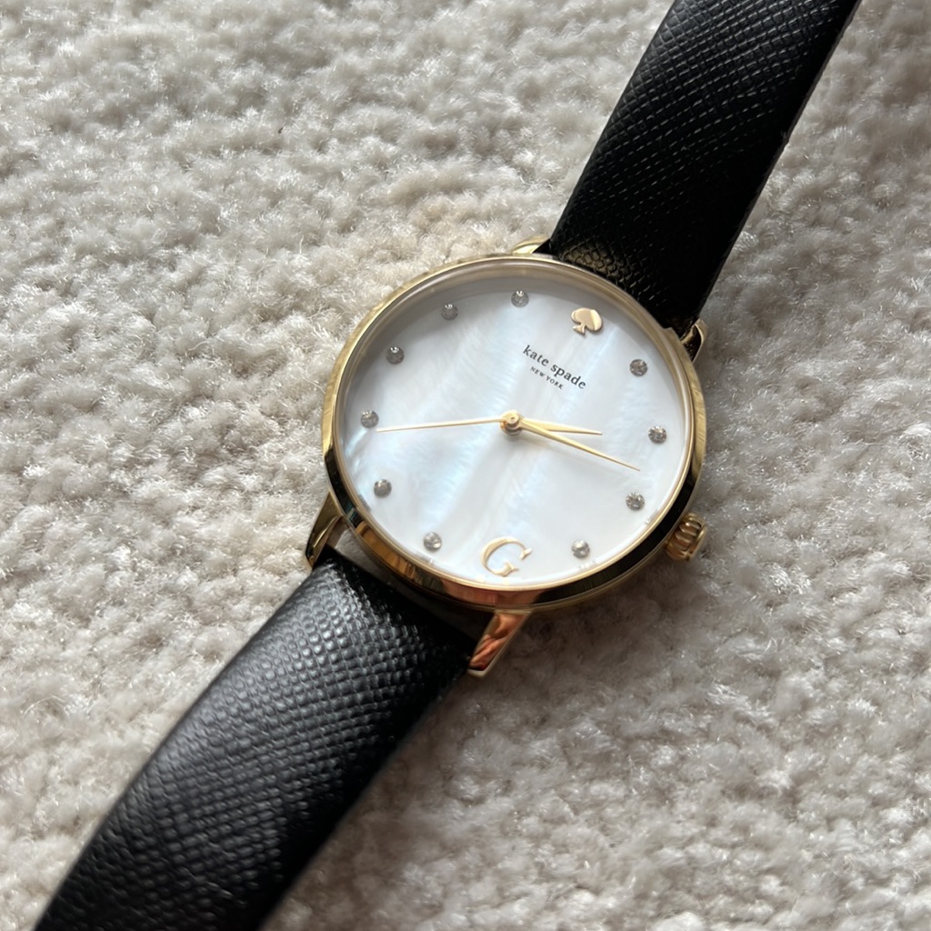 Kate Spade Black And Yellow Gold Leather G Watch With Mother Of Pearl Dial